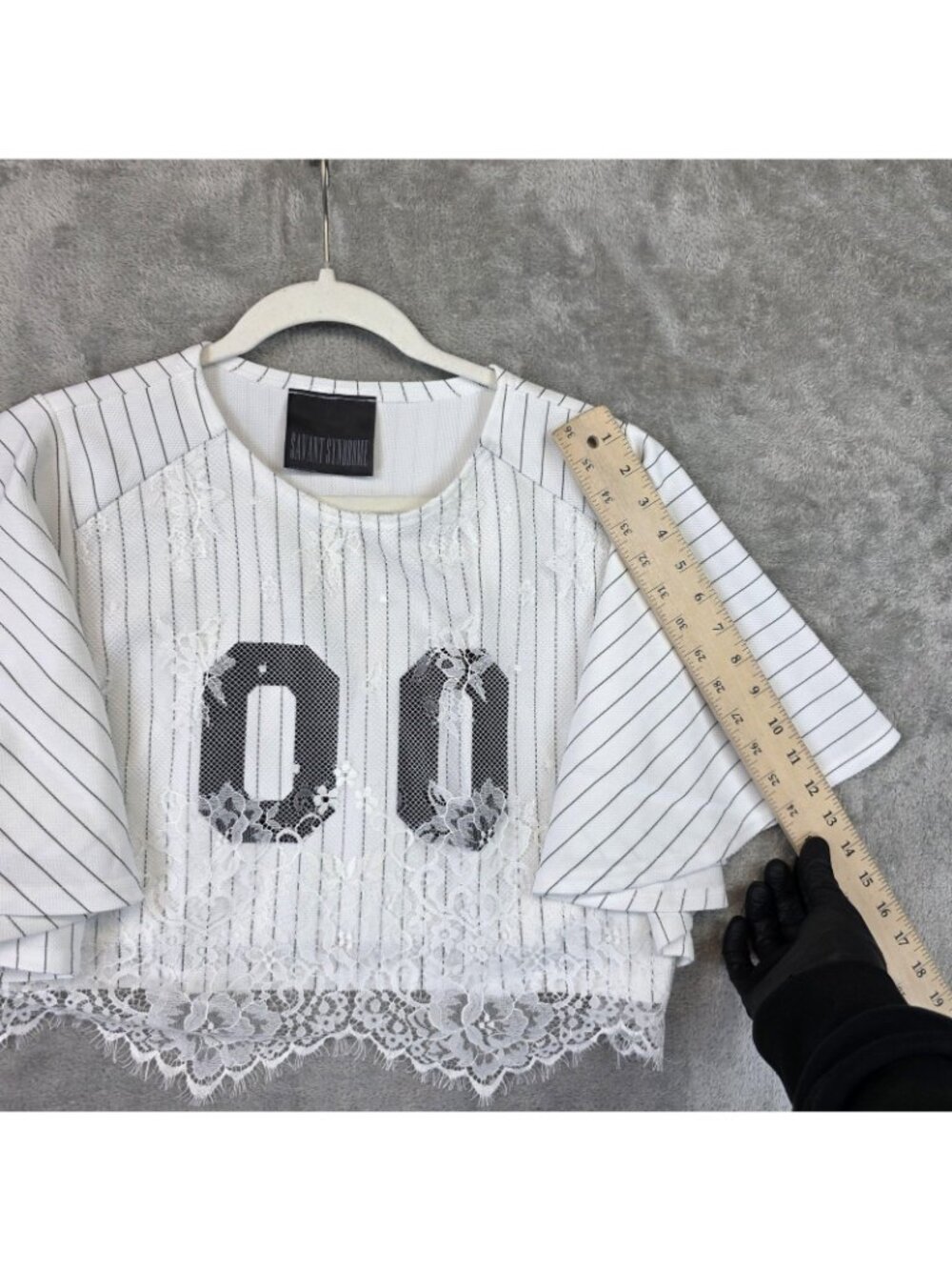 Savant Syndrome T-Shirt Womens L White Stripe Lace 00 Kimono Sleeve Cropped - Picture 6 of 7
